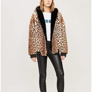 The Kooples Reversible Faux Fur Leopard Print Black Zipper Hoodie Coat